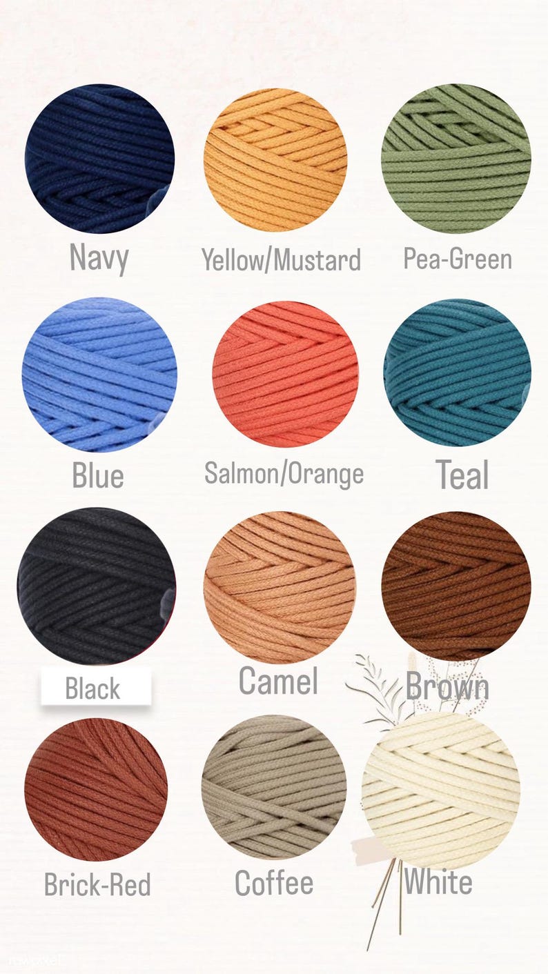 May include: A color palette of macrame cord in various shades, including navy, yellow/mustard, pea-green, blue, salmon/orange, teal, black, camel, brown, brick-red, coffee, and white. Each color is displayed in a circular arrangement with the color name below.