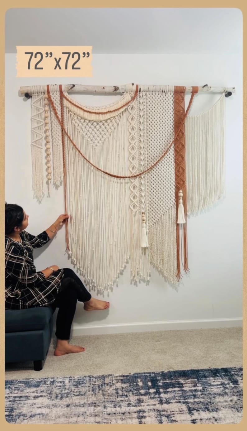 Large Macrame Wall Hanging: Boho Woven Cotton Tapestry with Tassels 72"x72" + WallHooks