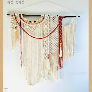Large Macrame Wall Hanging: Boho Woven Cotton Tapestry with Tassels (48x48) Beads