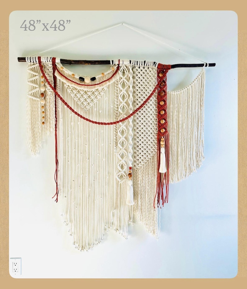 Large Macrame Wall Hanging: Boho Woven Cotton Tapestry with Tassels (48x48) Beads