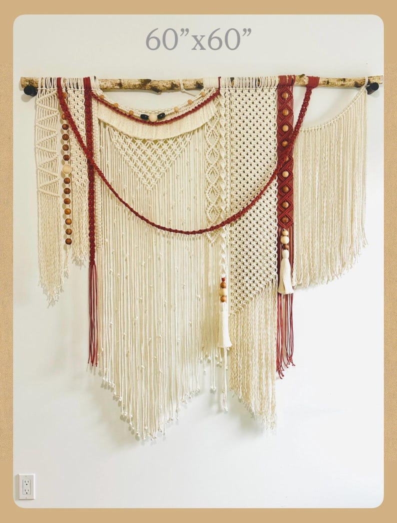 Large Macrame Wall Hanging: Boho Woven Cotton Tapestry with Tassels (60x60)+Beads+Hooks