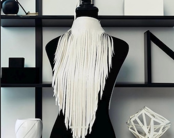 Faux Leather Fringe Statement Necklace: Boho Bib Choker, Adjustable Cord