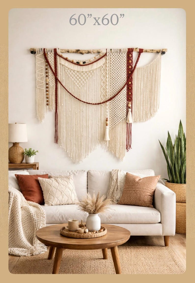 Large Macrame Wall Hanging: Boho Woven Cotton Tapestry with Tassels image 3