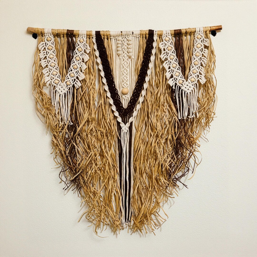 Boho Macrame Wall Hanging With Raffia Tassels, Neutral Wall Decor 4ft ...