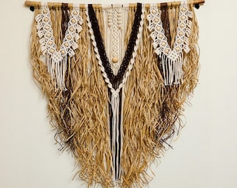 Boho Macrame Wall Hanging with Raffia Tassels, Neutral Wall Decor 4ft wide.