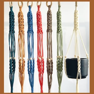 May include: A collection of macrame plant hangers in various colors, including teal, tan, blue, red, brown, olive green, and cream. Each hanger features a wooden ring at the top and wooden beads. One hanger holds a black ceramic pot.