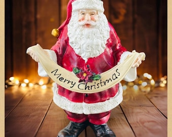 Resin Santa Figurine with Christmas Tree & Wreath - Rustic Holiday Decor