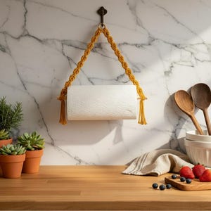 Handmade Boho Macrame Paper Towel Holder: Cotton Rope Kitchen Rack