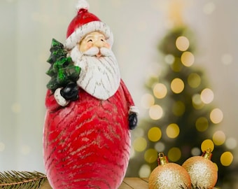 Resin Santa Figurine with Christmas Tree or Wreath - Rustic Holiday Decor