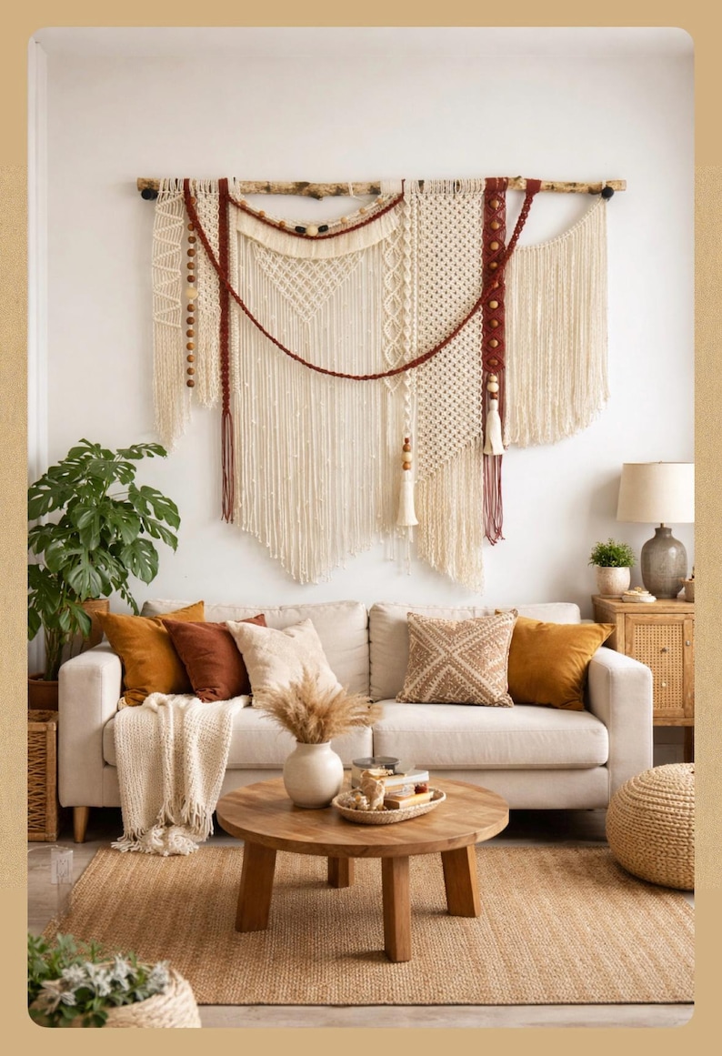 Large Macrame Wall Hanging: Boho Woven Cotton Tapestry with Tassels image 9