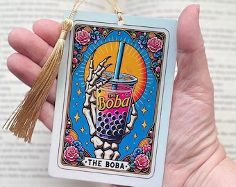 Boba Tarot card Bookmark, holographic bookmark, Gothic Bookmark, Booktok Bookmark, Bookish Gifts for Readers, Handmade Bookmark