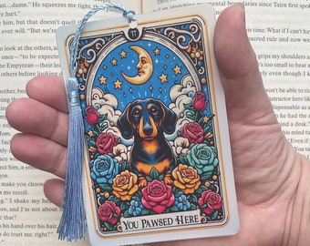 Dachshund Tarot card Bookmark, holographic bookmark, Gothic Bookmark, Booktok Bookmark, Bookish Gifts for Readers, Handmade Bookmark