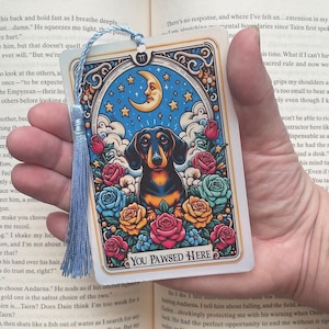 Dachshund Tarot card Bookmark, holographic bookmark, Gothic Bookmark, Booktok Bookmark, Bookish Gifts for Readers, Handmade Bookmark