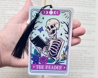 The Reader Skeleton Tarot Bookmark, holographic bookmark, Gothic Bookmark, Booktok Bookmark, Bookish Gifts for Readers, Handmade Bookmark