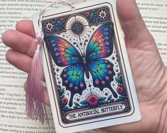 Antisocial Tarot card Bookmark, holographic bookmark, Gothic Bookmark, Booktok Bookmark, Bookish Gifts for Readers, Handmade Bookmark