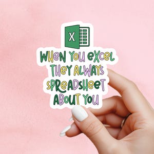 Pu&ograve; includere: Adesivo bianco con il logo di Microsoft Excel e la scritta "WHEN YOU EXCEL THEY ALWAYS SPREADSHEET ABOUT YOU" in vari colori. Lo sticker &egrave; su sfondo rosa.