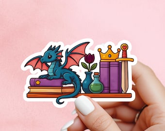 Fantasy bookshelf sticker, Reading  sticker, Dragon Book Sticker, fantasy Sticker, Fantasy Bookish Merch, e-reader Kindle Stickers