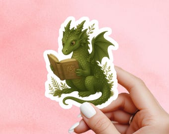 Green Dragon Book Sticker, Cute Vinyl Sticker, Fantasy Bookish Merch, Book Lover Gift, e-reader Kindle Stickers, Reading Lover, Booktok