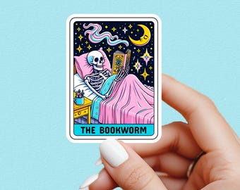 Bookworm sticker, book tarot sticker, skeleton sticker, booktok sticker, Kindle sticker, tarot sticker, bookish sticker, book lover sticker
