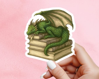 Green Dragon Book Sticker, Cute Vinyl Sticker, Fantasy Bookish Merch, Book Lover Gift, e-reader Kindle Stickers, Reading Lover, Booktok