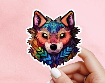 May include: A colorful sticker featuring a stylized fox head. The fox has a detailed design with vibrant hues of orange, blue, green, and purple. The sticker is held against a pink background.