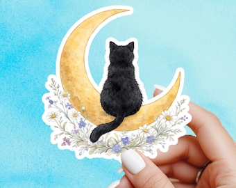 Cat floral sticker, Gothic Sticker, black ca decal, witchy sticker, Dark Academia sticker,laptop sticker, kindle sticker,