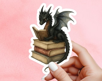 Black Dragon Book Sticker, witch Sticker, gothic sticker, Fantasy Bookish Merch, Book Lover Gift, e-reader Kindle Stickers, Reading Lover,
