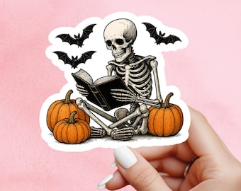 Halloween Sticker, skeleton reading Sticker, gothic sticker, cute sticker Halloween, spooky sticker, water bottle sticker Halloween,