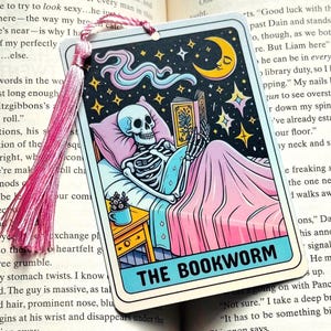 The bookworm Bookmark, skeleton bookmark, holographic bookmark, Gothic Bookmark, Bookmark, Bookish Gifts for Readers, Handmade Bookmark,
