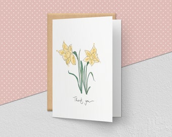 Personalized** Thank you Card, Get well, Daffodils, Botanical Flowers, Postcard