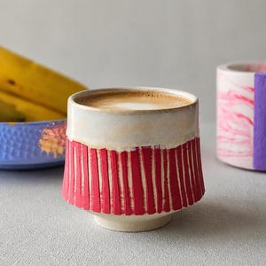 Handmade Red Carved Ceramic Pedestal Mug, 11oz Handleless Pottery Cup, Muse (USA Made)