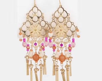 Pink, Orange and Gold chandelier earrings| dangle earrings| beads| dangle| pink| gold| orange