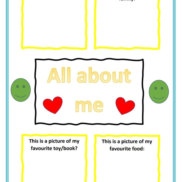 Printable 'All about me' sheet, using pictures, pre school, nursery, early years, PSED, self esteem