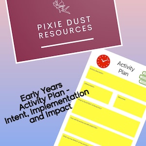 Może przedstawiać: Cyfrowe źródło "Pixie Dust Resources" z logo wróżki. Obraz zawiera szablon "Planu zajęć" z monitami dotyczącymi opisu, intencji, wdrożenia i wpływu zajęć. Widoczny jest również tekst "Early Years Activity Plan - Intent, Implementation and Impact".