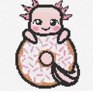 Cross stitch pattern axolotl with donut more complex