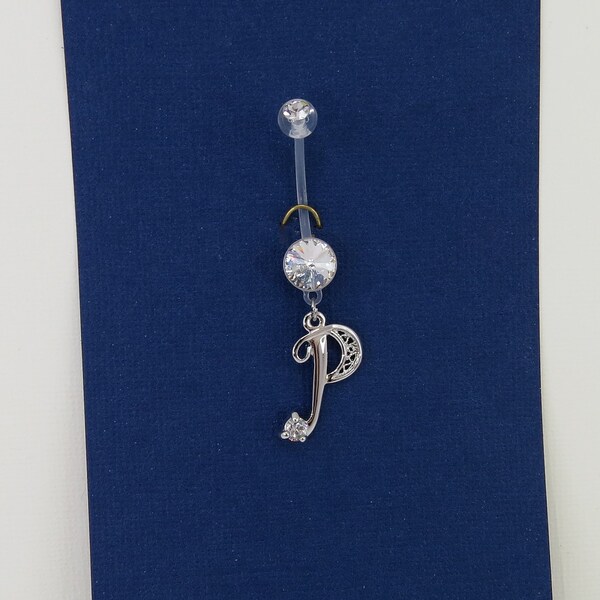 Letter P Belly Button Ring, Bio flex Dangle Belly Ring, Sparkly Body Jewelry , Navel Piercing ,Acrylic Bio Flexible