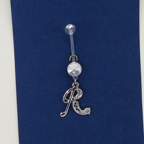 Letter R Belly Button Ring, Bio flex Dangle Belly Ring, Sparkly Body Jewelry , Navel Piercing ,Acrylic Bio Flexible