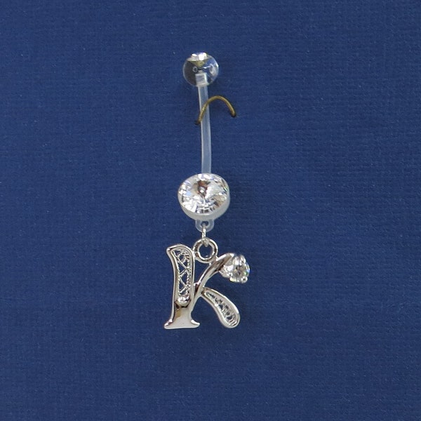 Letter K Belly Button Ring, Bio flex Dangle Belly Ring, Sparkly Body Jewelry , Navel Piercing ,Acrylic Bio Flexible