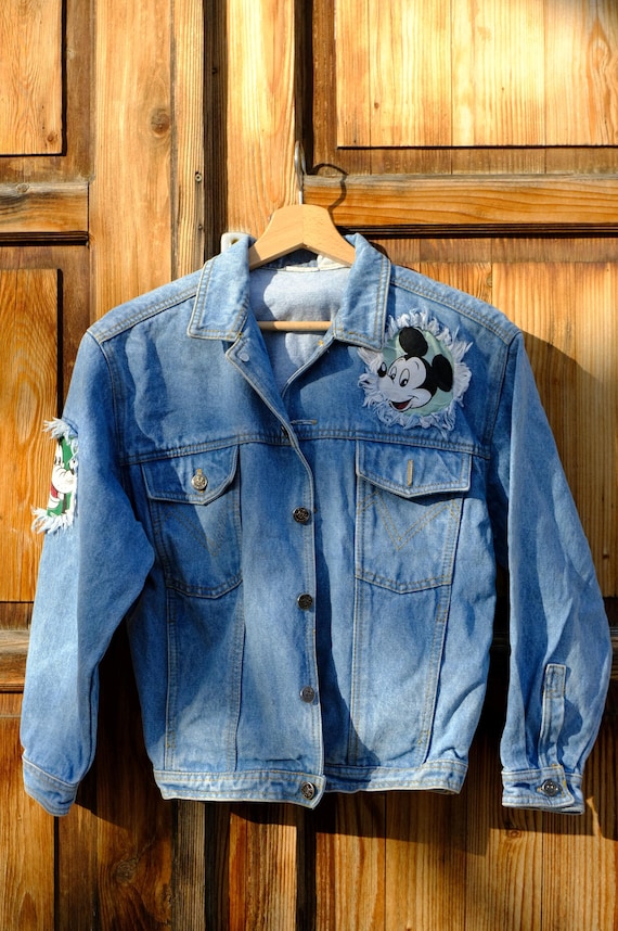 Vintage Mickey Mouse Denim Jacket with Large Graphic on Back 1980s 1990s  Retro Disney jacket/ Size XSmall/