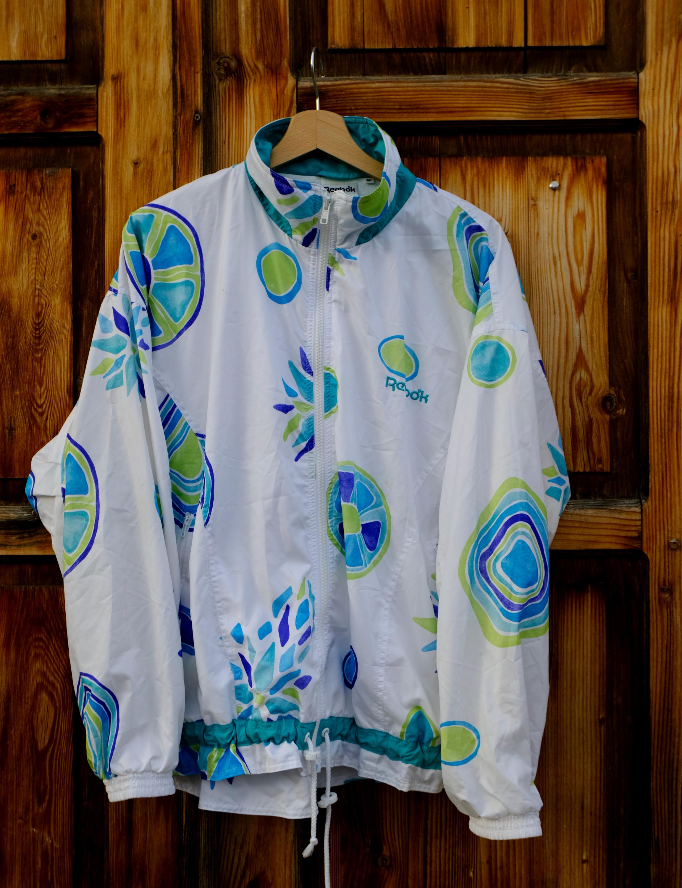 Vintage Reebok Windbreaker: 90s Full Zip Jacket, White/green