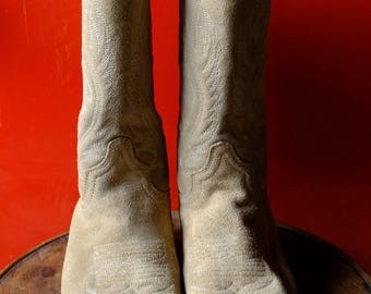 Sendra Cowboy Boots: Beige Split Leather Western Boots, Size 5