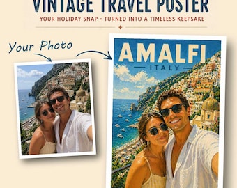 Vintage Travel Poster Print, Custom Holiday Photo Poster, Personalised Travel Gift, Retro Vacation Wall Art, Couple Travel Print, A3 Art