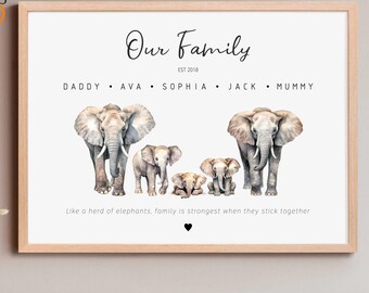 Personalised Elephant Family Print 2025, Our Family Gift, Animal, Mothers Fathers Day, Christmas, Birthday
