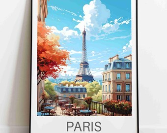 Könnte beinhalten: Ein gerahmter Kunstdruck mit einer stilisierten Illustration von Paris, Frankreich. Der Eiffelturm ist im Hintergrund zu sehen, mit Cafés und Gebäuden im Vordergrund. Der Himmel ist blau mit weißen Wolken. Das Wort "PARIS" ist unten aufgedruckt.