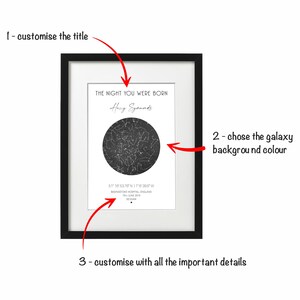 May include: A black and white framed print with a star map showing the night sky on the date of someone's birth. The title of the print is "The Night You Were Born". The print also includes the name "Harry Symonds", the date "19th June 2019", the time "00:55AM", and the location "Basingstoke Hospital, England".