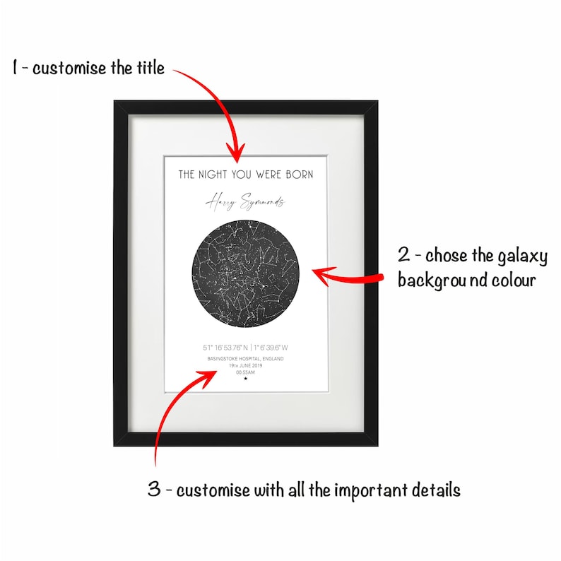May include: A black and white framed print with a star map showing the night sky on the date of someone's birth. The title of the print is "The Night You Were Born". The print also includes the name "Harry Symonds", the date "19th June 2019", the time "00:55AM", and the location "Basingstoke Hospital, England".