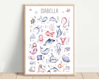 Personalised Sea Alphabet, Childrens Bedroom Gift, Alphabet Name Initial, Family Print, Christmas Gift, Birthday Gift, Kids Birthday