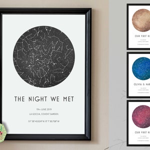 May include: Three framed star maps with a black frame and white background. The top map is brown with the text "Our First Kiss". The middle map is blue with the text "Olivia & Harry". The bottom map is red with the text "Our First Kiss".
