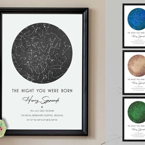 May include: A black and white star map print with the text "THE NIGHT YOU WERE BORN" and the name "Harry Symmonds". The date and time of birth are listed below the name, along with the location of birth: "19TH JULY 2022 00:55AM THE ROYAL BERKSHIRE HOSPITAL, READING 51&deg;27' 18.144&deg;N 0&deg;58' 8.724&deg;W".
