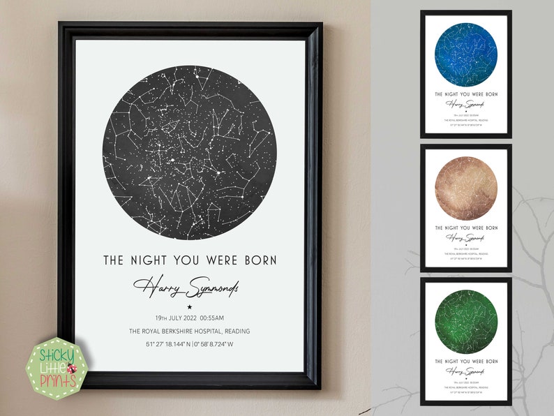May include: A black and white star map print with the text "THE NIGHT YOU WERE BORN" and the name "Harry Symmonds". The date and time of birth are listed below the name, along with the location of birth: "19TH JULY 2022 00:55AM THE ROYAL BERKSHIRE HOSPITAL, READING 51&deg;27' 18.144&deg;N 0&deg;58' 8.724&deg;W".